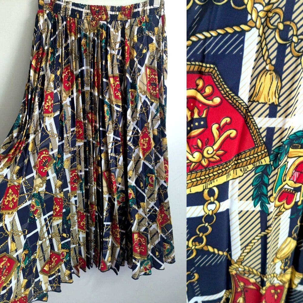 90s Pleated Midi Skirt Preppy Equestrian Patriotic Chain Scarf Print Secretary S